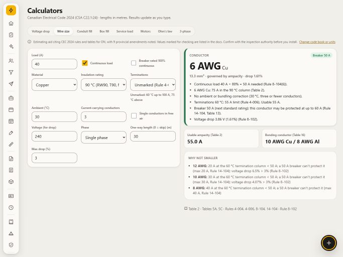 A CEC calculator showing a conductor size with the table and rule references