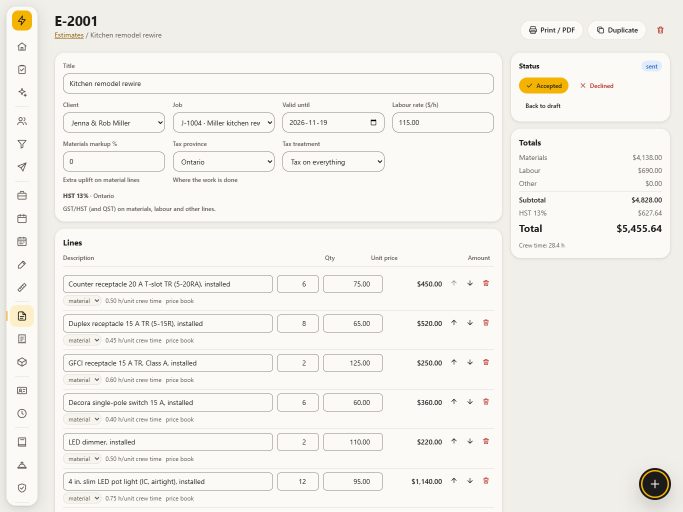 An estimate with material and labour lines, Ontario HST and the total in Canadian dollars