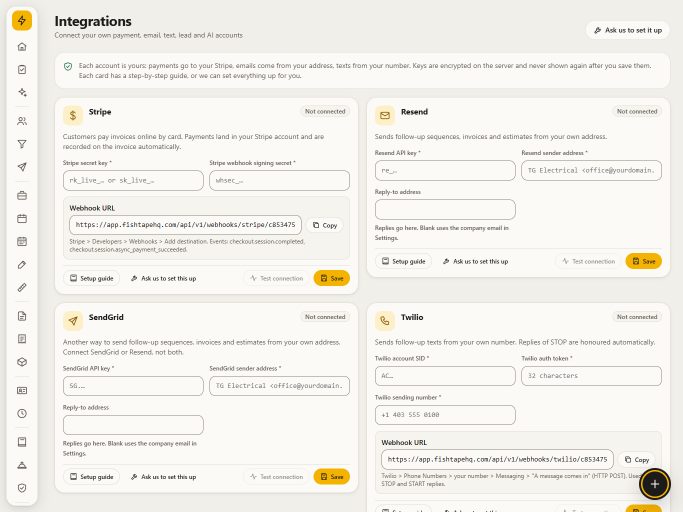 The integrations screen with cards to connect your own Stripe, Resend, SendGrid and Twilio accounts, each with a setup guide