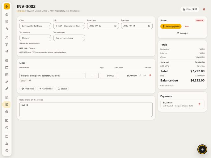 An invoice with GST and PST lines, the amount paid and the balance owing