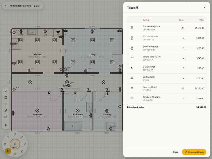 A floor plan open in Fishtape with receptacles, switches and lights placed on the drawing