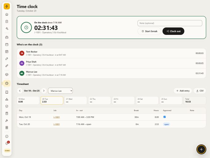 The time clock with who is clocked in, on which job, and for how long